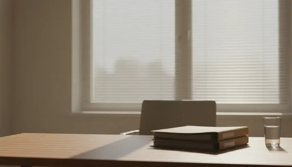 A quiet office desk in window light with closed case folders and a glass of water