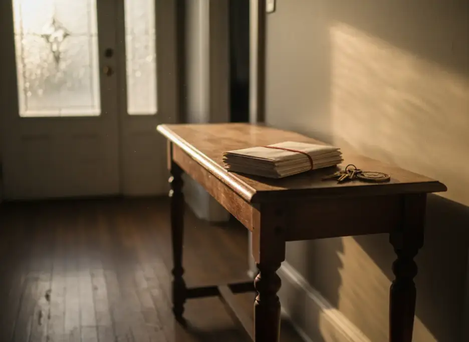 A banded stack of unopened envelopes and house keys on a rowhouse hall table