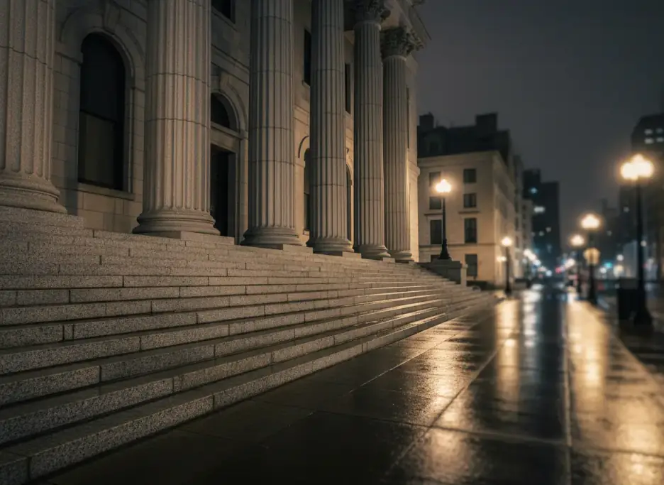 Granite steps and stone columns of a historic downtown courthouse at night