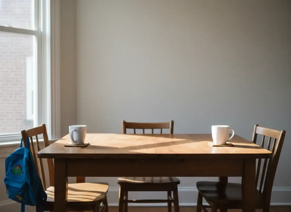 A family kitchen table with two mugs set apart and a child's backpack on a chair