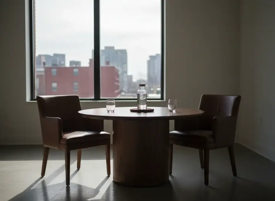 A round walnut table with two empty chairs facing each other and a water carafe