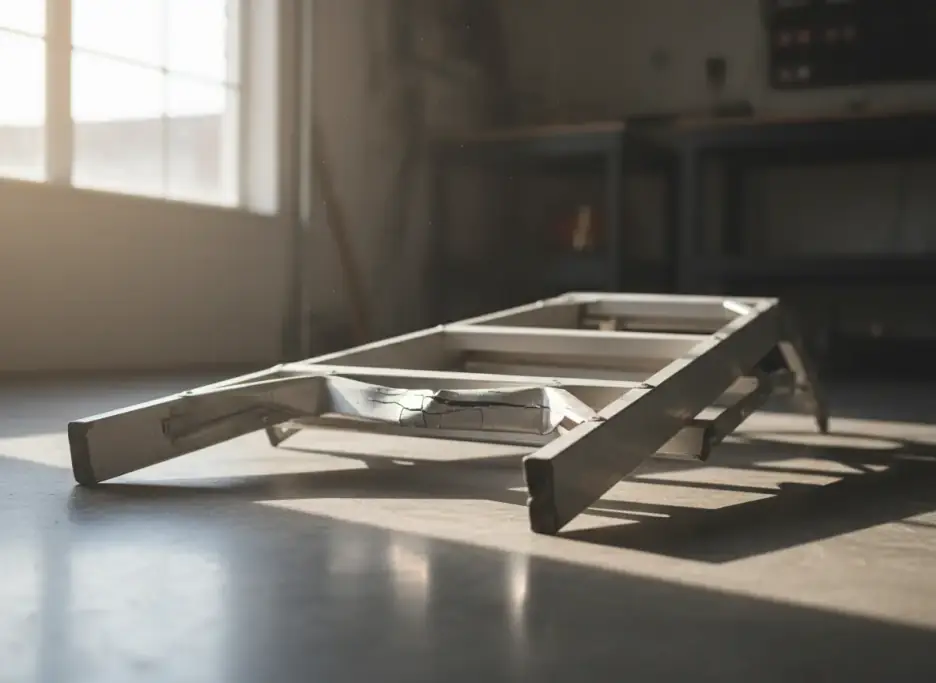 An aluminium stepladder on a garage floor with one rung bent and cracked