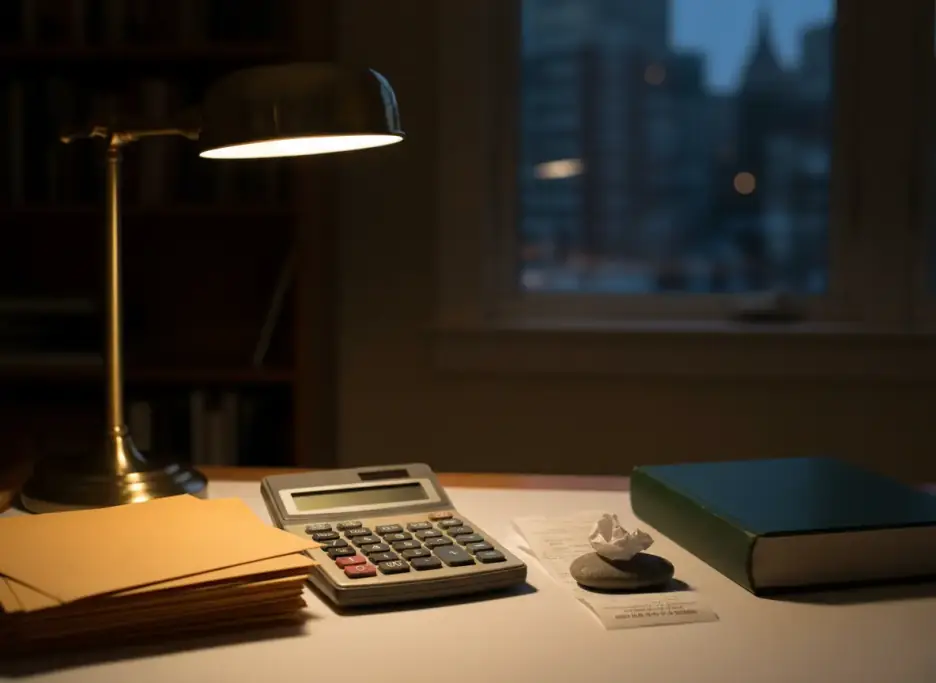 A lamp-lit desk with manila envelopes, a desk calculator and a green cloth ledger