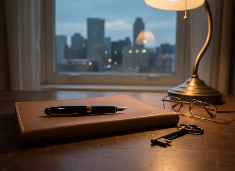 A fountain pen on a closed folder beside a brass key and reading glasses