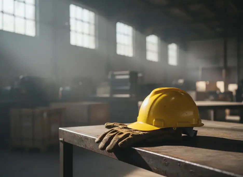 A hard hat and worn work gloves on a warehouse workbench in morning light